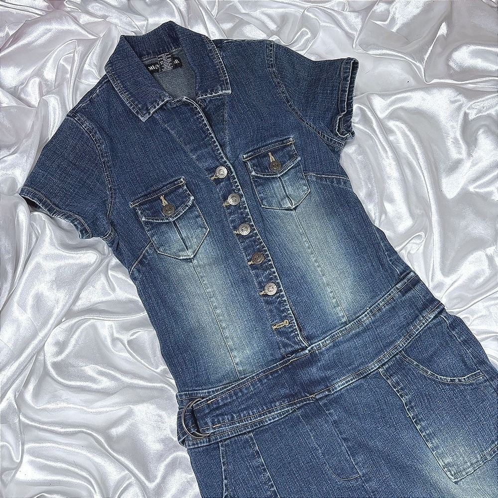 y2k Denim Mini Dress Blue Misdemeanor Button Up Belted Short Sleeve M